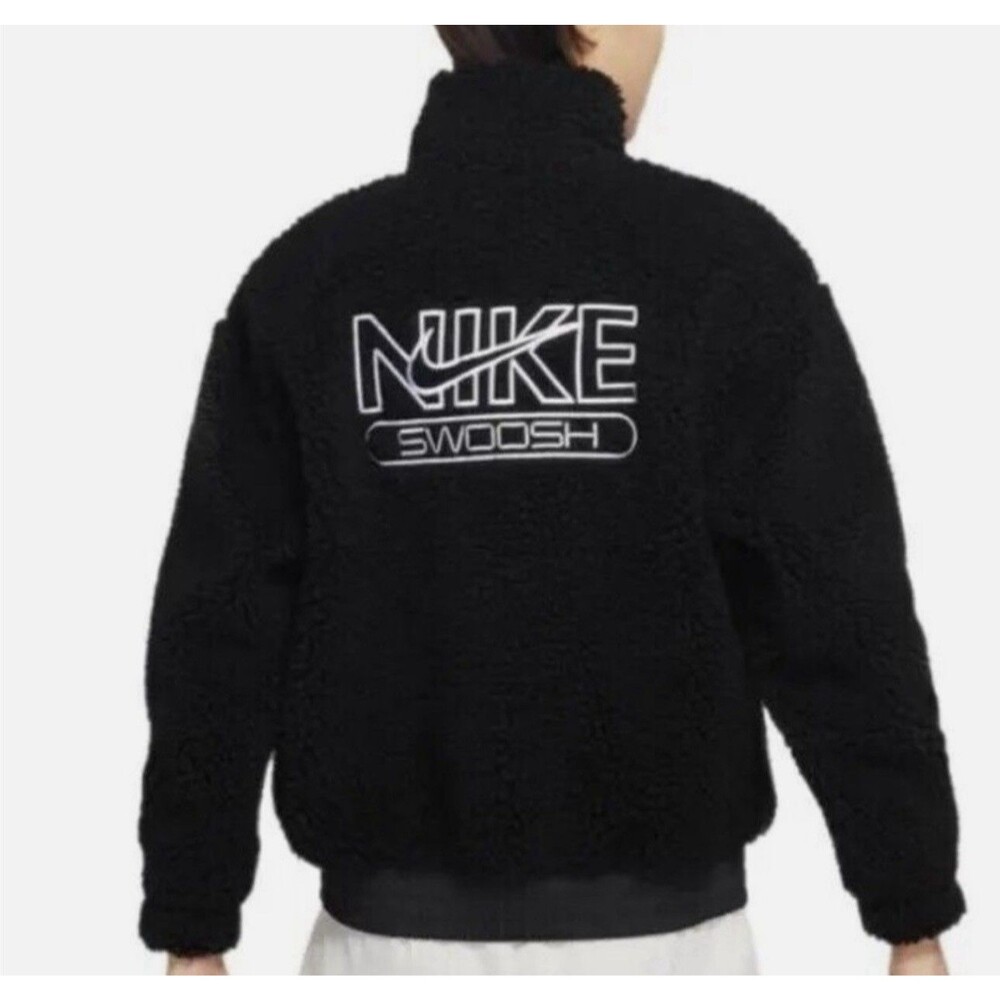 Nike Jacket Womens Large Black Plush Fleece Sherpa Vintage Swoosh Bomber Unisex